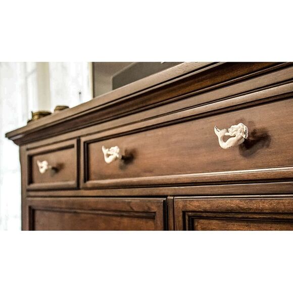 Set of 6 White Painted Cast Iron Mermaid Drawer Pull Rustic Furniture Decor Knob - Picture 6 of 12